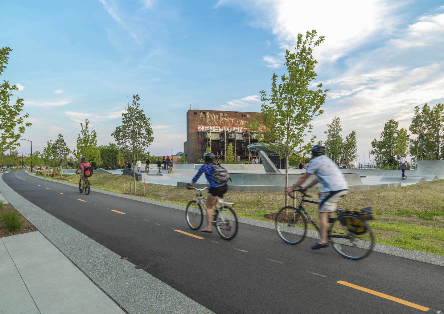 A view of a bike path and skate park