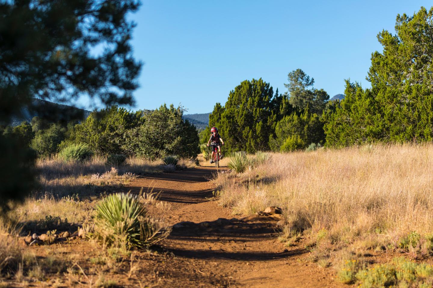 A kid biking along a trail