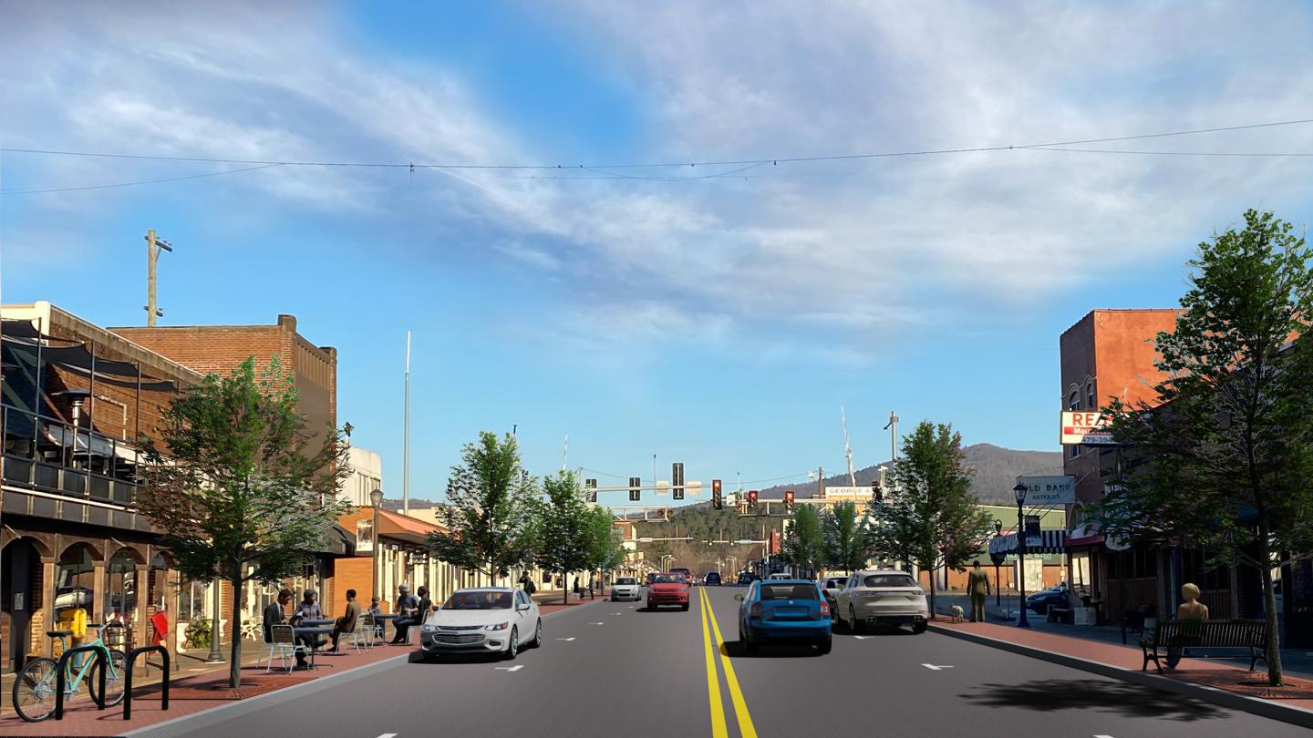 A digital rendering of a downtown area