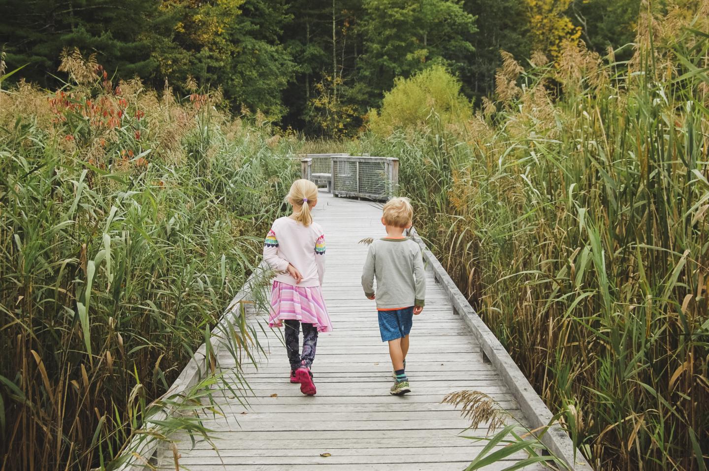Two children walking down a boardwalk in a park