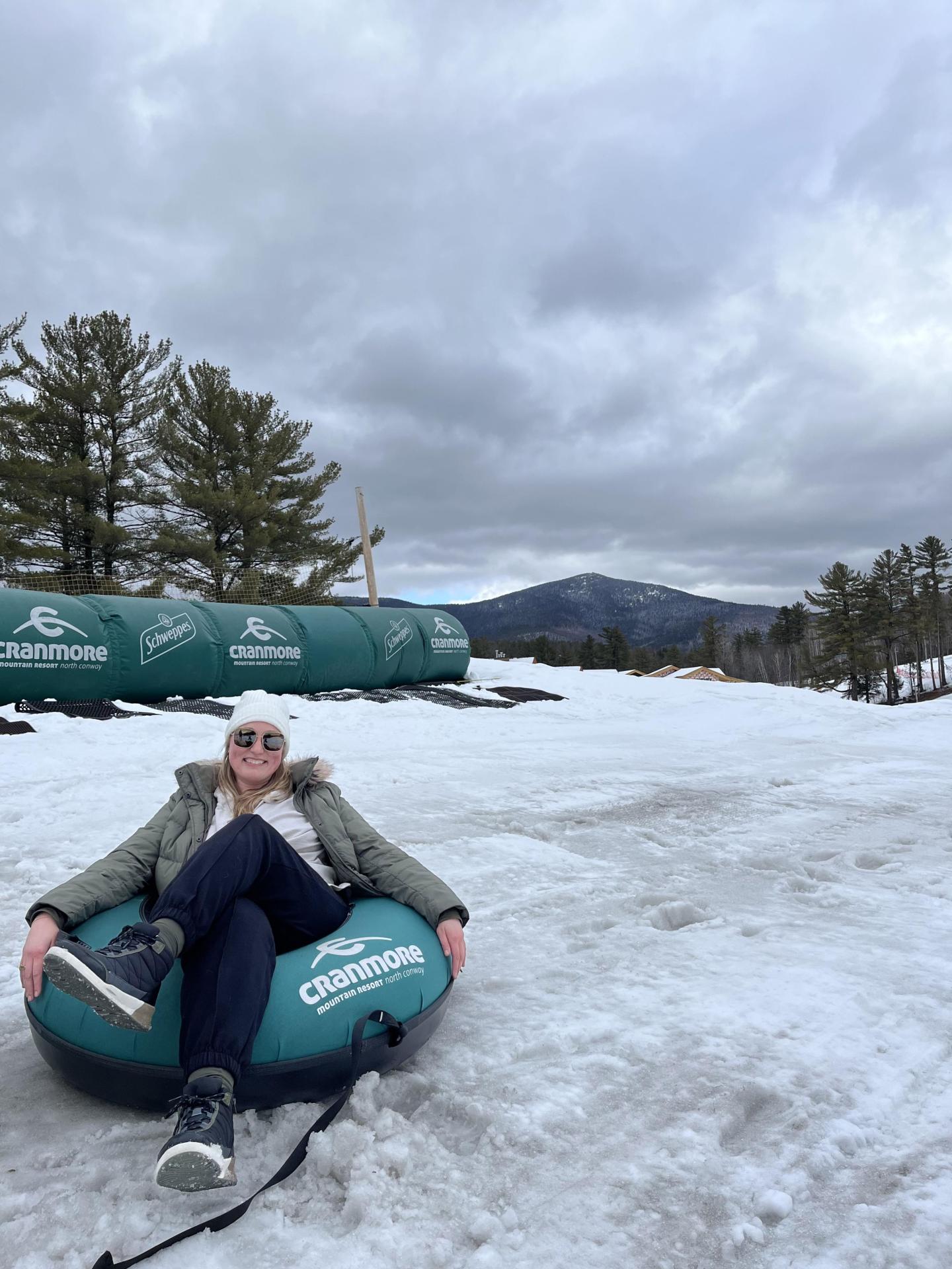 Margaret Carlin on a snow tube